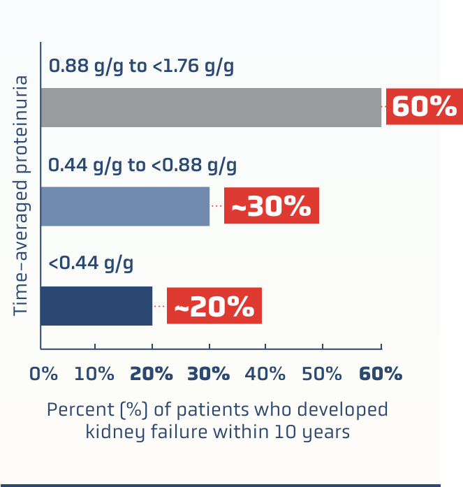 Bar chart showing kidney failure risk within 10 years based on time-averaged proteinuria levels, with risk percentages labeled.